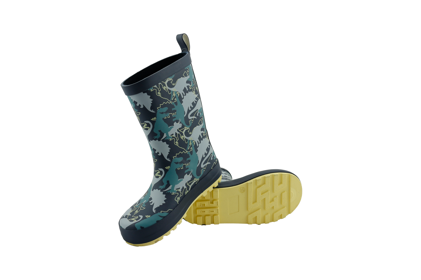 Dino Adventure Rainboots with Neon Yellow Sole